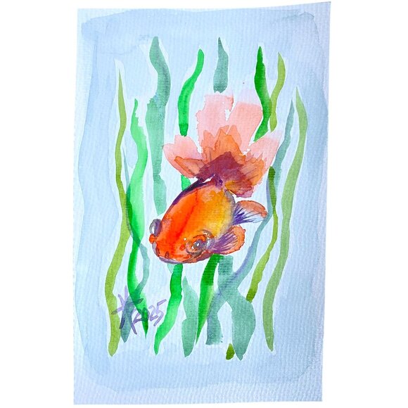 Fluffy Goldfish Original Wall Art Fish Watercolor Painting Matted 8x10in - Picture 6 of 6